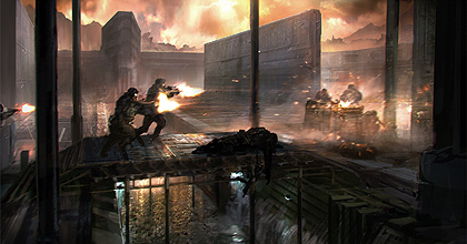 Soldiers rush across the bridge in the Deadpool Arena - Concept Art